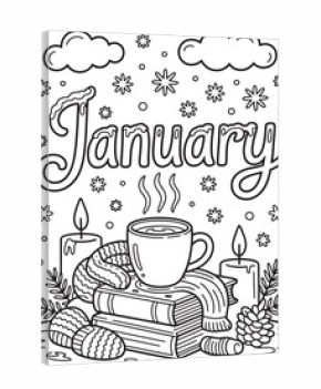 January text with steaming coffee cup books candles snowflakes and clouds lettering
