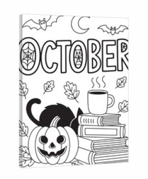 October word art with black cat pumpkin bats moon and books text lettering
