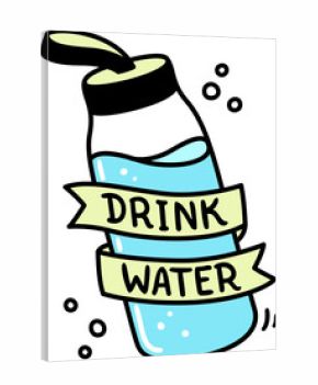 Reusable glass water bottle with hand lettering "Drink Water". Old school tattoo style ribbon. Cute cartoon doodle drawing, vector clipart illustration.