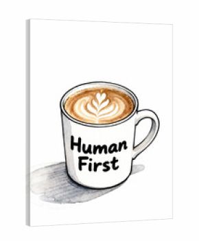 Coffee cup with "Human First" lettering and latte art, modern design, warm colors, motivation
