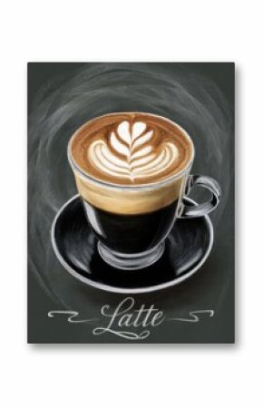 Cup of coffee drawn with chalk on black board. Cup of coffee Latte isolated on black background. Chalk inscription Latte. Menu, sketch, design