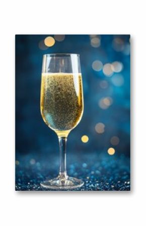 Glass of champagne on blurred blue bokeh background
