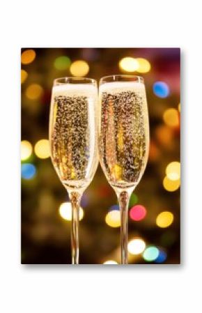 Glasses of champagne on a festive Christmas table, vertical 