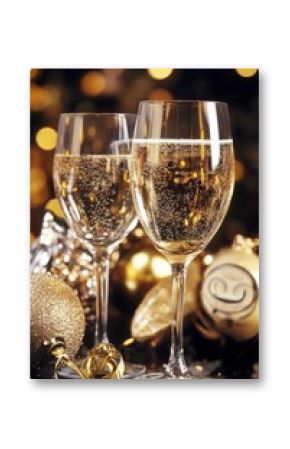 Glasses of champagne on a festive table, vertical