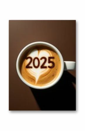 Coffee mug with the inscription "2025" on the coffee foam