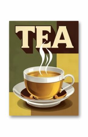 The drawing of a cup with steaming tea on a saucer is decorated with the inscription "TEA" in bold. Green, yellow and brown blocks are depicted in the background, creating a vintage and cozy atmospher