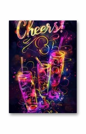 Bright graphic design of cocktails with the inscription “Cheers!” stylish typography of elegant font, neon glow effect, golden highlights