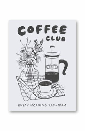 Coffee club graphic print design for t shirt, apparel, posters. Retro Kitchen wall art.