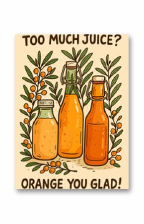 Bottles of Orange Juice with Foliage and Playful Pun