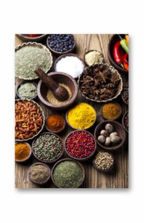 Assortment of spices in wooden bowl background 