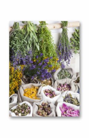 Healing medical herbs in a linen sacks.