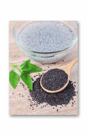 Lemon basil seeds in wooden spoon and soak.