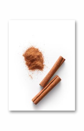 Cinnamon sticks and grounded cinnamon isolated on a white background. Cinnamon spice powder viewed from above. Top view.