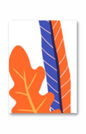 Orange oak leaf and striped blue orange feather are floating on transparent backdrop in flat vector