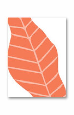 Showing flat-design undulating coral-orange peach-veined leaf on transparent background, copy space