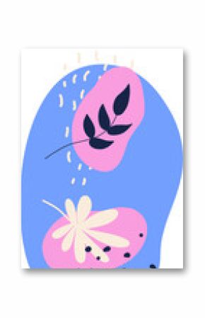 Pink blobs are floating on blue oval, flat design showing leaf and petal motifs, clear background