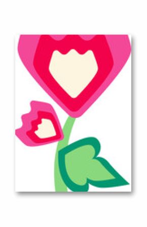 Vector pink flower and bud is growing on green stem with heart-shaped leaf, transparent background