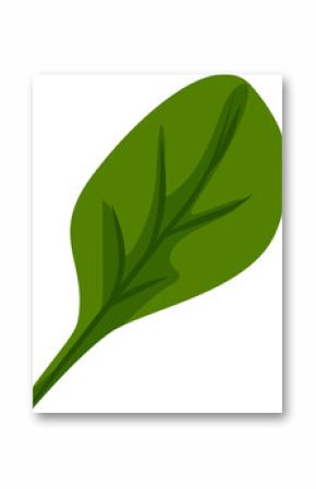 Stylized green leaf is floating in vector art with darker green veins on transparent background