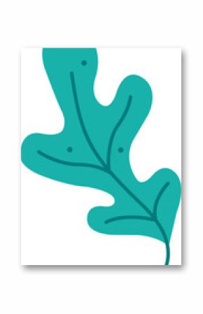 Stylized green leaf is showing central vein and circular accents in flat on transparent backdrop