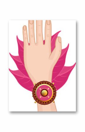 Showing outstretched hand wearing pink gold bangle framed by leaf shapes, transparent background