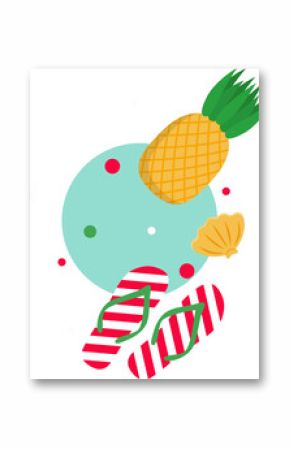 Flat design pineapple, flip-flops, seashell are floating around mint circle on transparent backdrop
