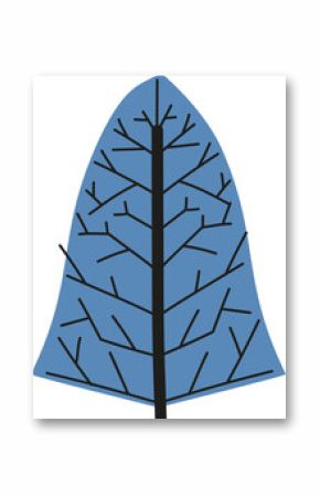 Flat design blue leaf is being shown on transparent background, showing branching black veins
