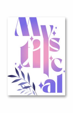 Showing flat abstract letters with pink purple gradient, sparkle icons, leaf branch on transparent