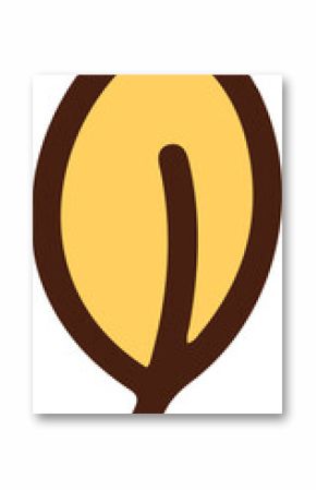 Stylized cartoon leaf is floating on transparent background with yellow fill and dark brown outline