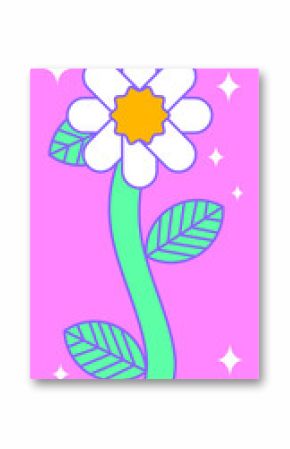 Cartoon daisy is showing white petals, yellow center and sparkles on clear background in flat style