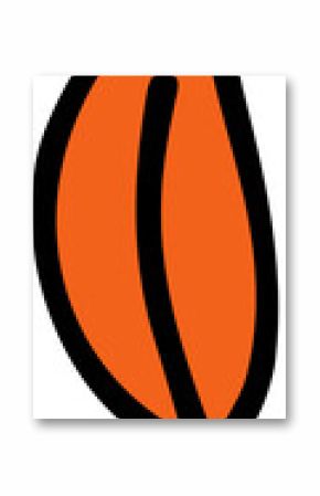 Flat vector orange leaf is showing vertically with black outline, midrib and transparent background