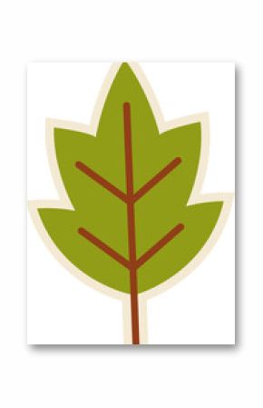 Isolated stylized green leaf floating on transparent canvas featuring cream outline and brown veins