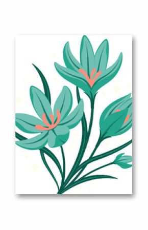 Fantasy flowers are showing in vector with teal petals, stamens, leaves, dots on transparent canvas