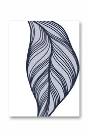 Stylized leaf shape is showing bold outline and curved veins in flat design, transparent background