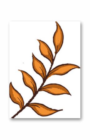 Botanical branch with orange leaves is floating on transparent background in flat hand-drawn style