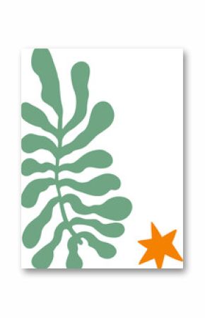 Abstract leaf is floating in flat design with green lobes and orange star on transparent background