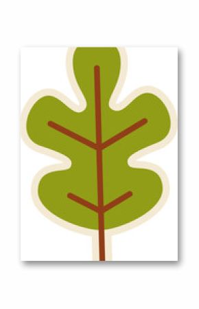 Flat green oak-like leaf is floating on transparent background with cream border and brown veins