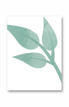 Watercolor plant branch is featuring three mint green veined leaves on transparent background