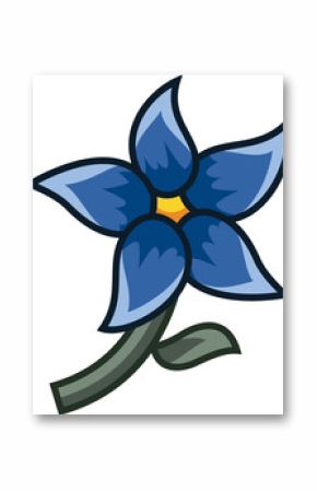 Blue flower is showing five petals on green stem with leaf in flat vector, transparent background