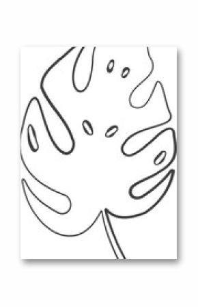 Stylized Monstera leaf outline drawing is floating on transparent background, simple uniform stroke