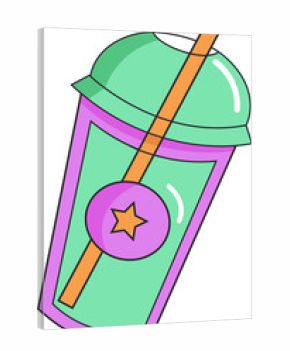 Cartoon style mint green cup is showing dome lid, orange straw, star badge on clear background