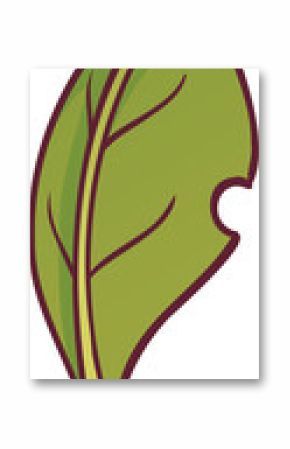 Vector-style green leaf is appearing on transparent background, showcasing maroon outline and veins