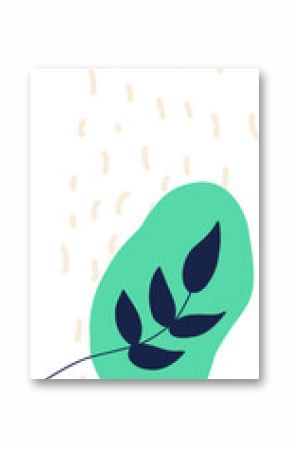 Flat design is featuring mint green blob with navy leaf branch floating on transparent background