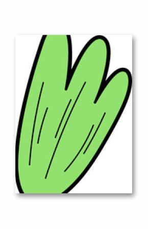 Flat design green leaf shape floating on transparent background with black border and thin accents