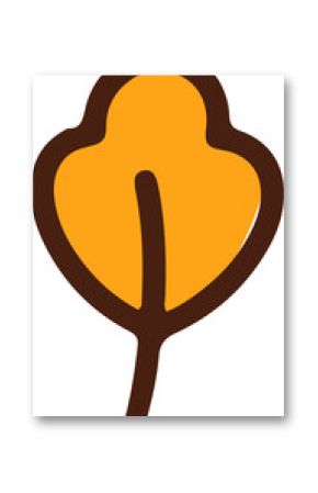 Flat design orange leaf icon is floating on transparent background with dark brown outline and vein