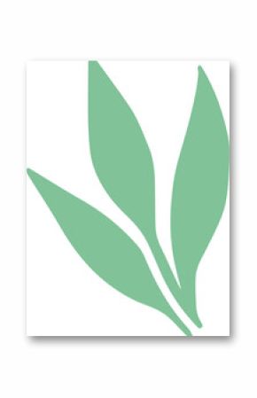 Minimalist stylized green leaf sprig is floating on transparent background in flat design style