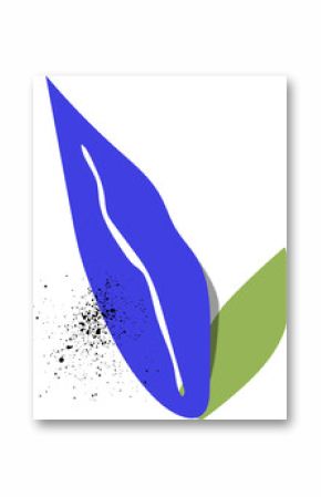 Flat design showing blue ribbon rising and green leaf with ink splatter on transparent background