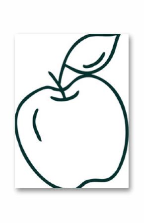 Stylized apple line-drawn illustration is showing bold line art on transparent background with leaf