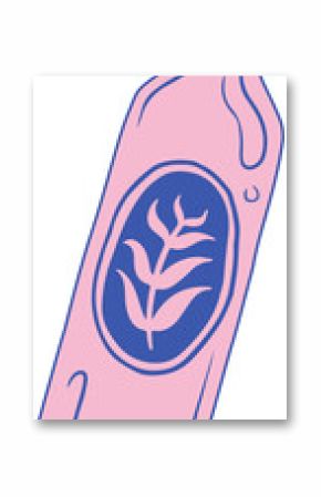 Stylized beverage bottle is floating on clear backdrop featuring ribbed cap, leaf label and accents