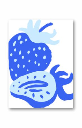 Showing flat duotone strawberries with whole berry sliced piece leaf and stem on transparent canvas