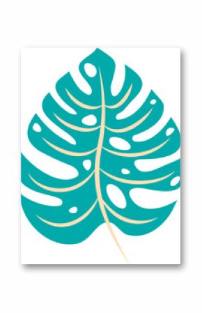 Showing vector art of broad teal tropical leaf with cream veins on transparent backdrop, copy space
